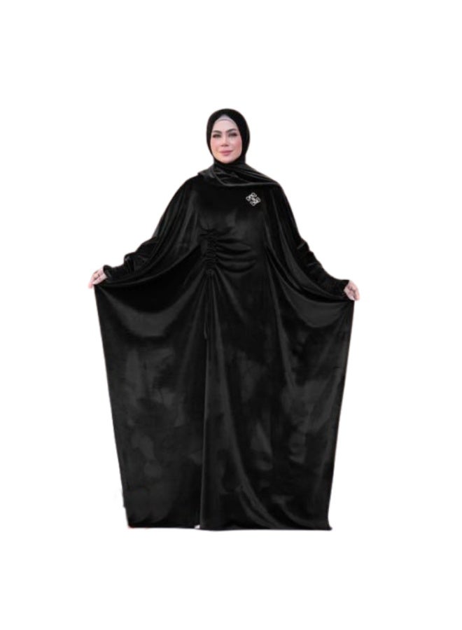عباية اسدال خروج شتوي حريمي - قطيفة فرنساوي - لون أسود سادة - Image 1